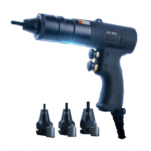 Versatile Pneumatic Riveting Nut Gun with Automatic Cap Function and Embedded Muffler - Three Interchangeable Riveting Interfaces