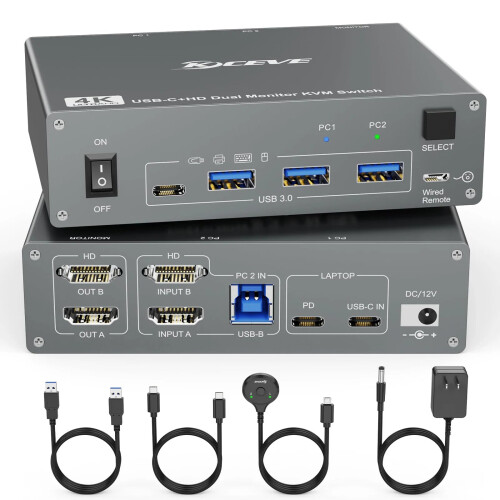 Dual 4K HDMI USB-C KVM Switch for 2 Monitors & 2 Computers - 60Hz, USB 3.0 Compatibility