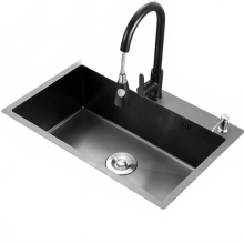 Premium Black 304 Stainless Steel Large Single Kitchen Sink with Faucet, Soap Dispenser & Embossed Basin