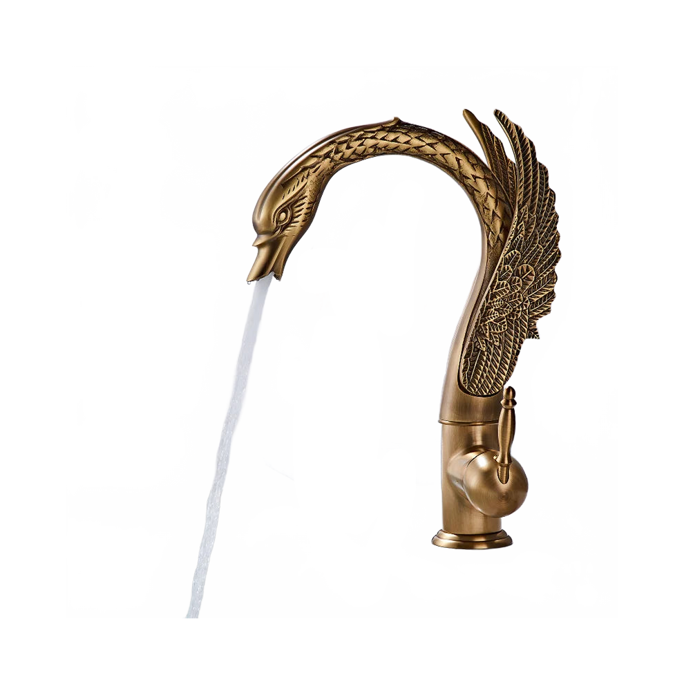 Elegant Gold Swan Antique Brass Bathroom Faucet - Chrome Finish Waterfall Mixer Tap With Hot & Cold Functionality 7445025378308