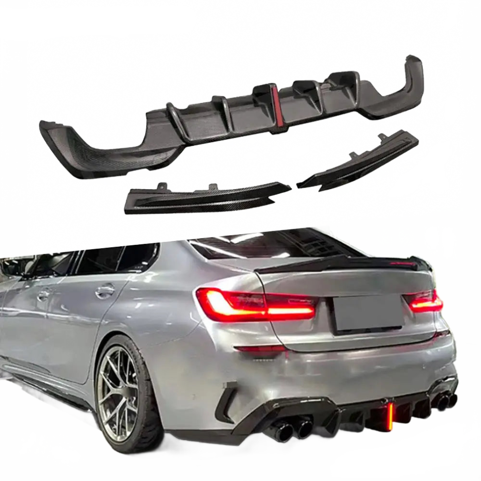 Bmw G20/G28 M Sport M340i Carbon Fiber Rear Bumper Spoiler Lip & Side Splitters (2020-2022) 7445004119113