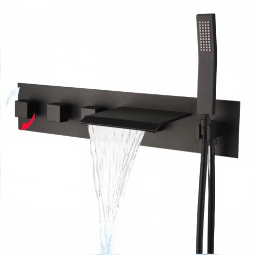 Kemaidi Black Waterfall Shower System: Wall-Mounted Bathtub Mixer with Pull-Out Tap