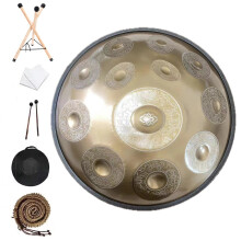 22-Inch Golden Carved Steel Tongue Drum - 9/10/12 Notes, D Minor Handpan for Beginners, Percussion Instrument Gift