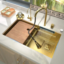 Luxurious Golden Stainless Steel Waterfall Sink - Single Slot Kitchen Wash Basin Workstation, Drop-In/Undermount Installation
