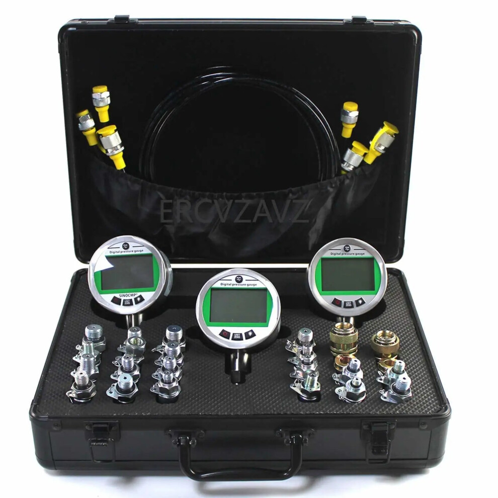 Hydraulic & Gas Pressure Test Kit: 2-Piece Digital Gauge Set With 70Mpa & 16Mpa Gauges, 3 Test Hoses, And 24 Couplings For Excavators 313020865857