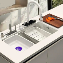 Multifunctional White Stainless Steel Kitchen Sink with Waterfall Faucet and Integrated Dish Drainer