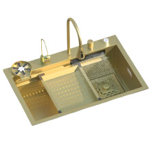 Golden Stainless Steel Waterfall Kitchen Sink - Large Single Basin with Waterfall Faucet, Under-Counter Installation