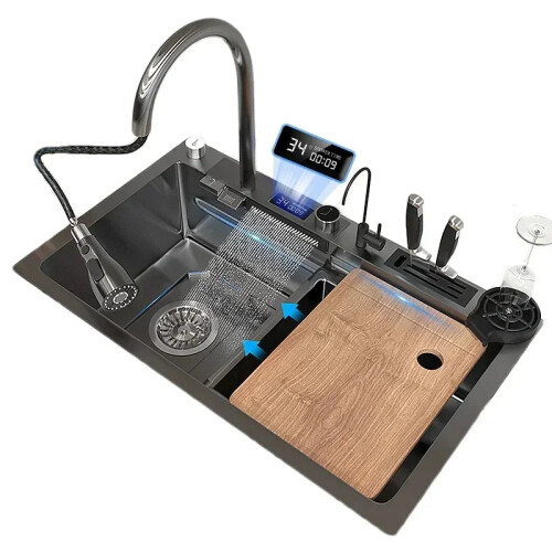 Flying Rain Digital Display Waterfall Kitchen Sink with Pull-Down Sprayhead Faucet - Left Drainage Single Bowl Design