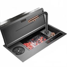 Ultrasonic Smart Purifying SUS 304 Stainless Steel Kitchen Sink with Nanometer Flip Cover & Hidden Cup Rinser