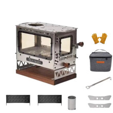 Compact Stainless Steel & Titanium Firewood Stove with 4-Sided Window - I for Camping, Tea Brewing, and Outdoor Cooking