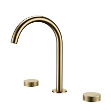 Brushed Gold Widespread Bathroom Faucet with Knurled Design & Double Switch - 3 Hole, Deck Mounted Mixer for Hot & Cold Water