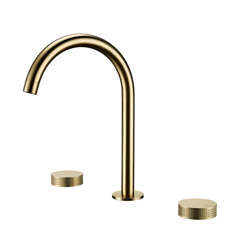 Brushed Gold Widespread Bathroom Faucet With Knurled Design & Double Switch - 3 Hole, Deck Mounted Mixer For Hot & Cold Water 313113169152