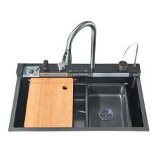 Premium 304 Stainless Steel Waterfall Kitchen Sink with Integrated Digital Display Faucet and Large Single Slot Design