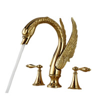 Elegant Swan-Shaped Dual Handle Gold Bathroom Basin Faucet - Widespread Deck Mounted Mixer Tap with Hot & Cold Water Control