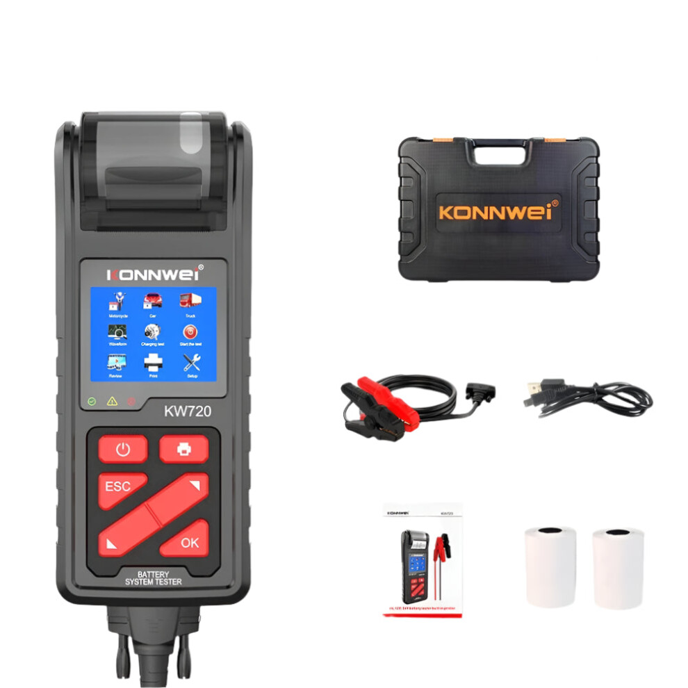 Konnwei Kw720 Multi-Voltage Battery Tester & Analyzer With Built-In Printer For Trucks, Motorcycles, And Cars 726084945395