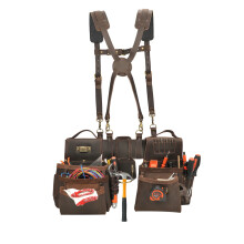 Tourbon Heavy Duty Leather Tool Belt with Adjustable Suspenders and Padded Detachable Pockets - Electrician's Combo Apron Bag in Tan