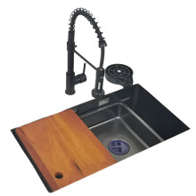 Sleek Matt Black 304 Stainless Steel Kitchen Sink – Versatile Above or Undermount Nano Washing Basin with Chopping Board & Cup Washer