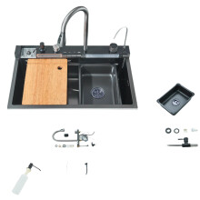 Stainless Steel Kitchen Waterfall Sink with Digital Display - Large Single Basin with Multifunctional Features
