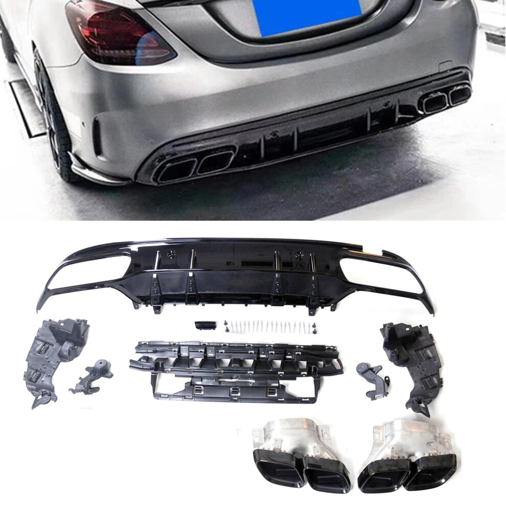 Mercedes-Benz W205 C-Class Amg Sedan Rear Bumper Diffuser Lip & Exhaust Muffler Tip Pipe - C63 Style (2015-2021) 7445043383308