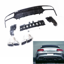 Mercedes Benz W205 C-Class AMG Coupe Rear Bumper Diffuser & Silver Exhaust Muffler Kit (2015-2021)