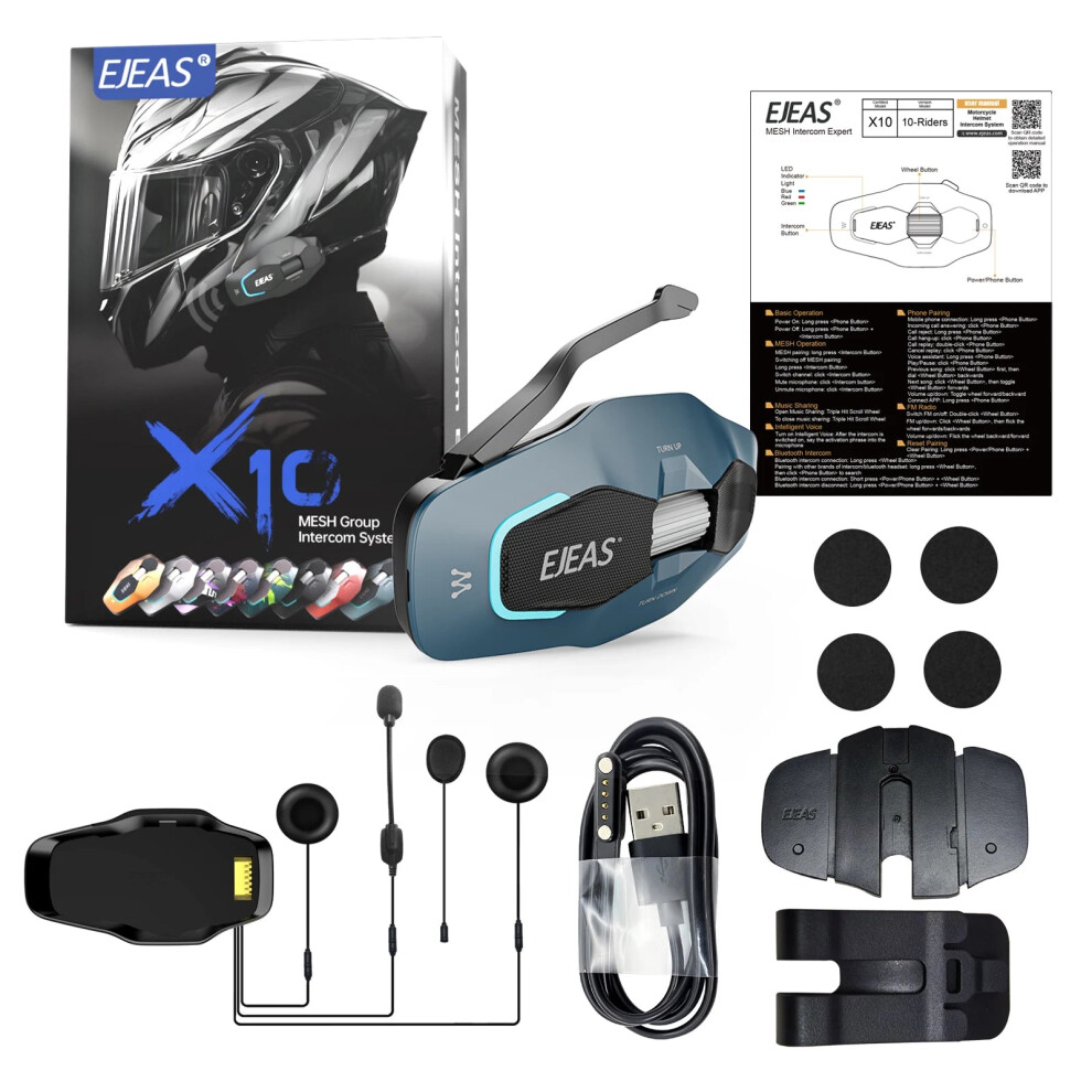Ejeas X10 Mesh 4.0 Bluetooth 5.1 Motorcycle Helmet Intercom Headset For 2-10 Riders, 1000M Range, Ip67 Waterproof, Audio Multitasking 744759859693