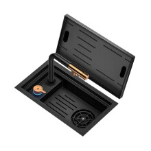 YYHC Hidden Black Nano Finish Stainless Steel Handmade Kitchen Sink with Lifting Cold & Hot Water Faucet