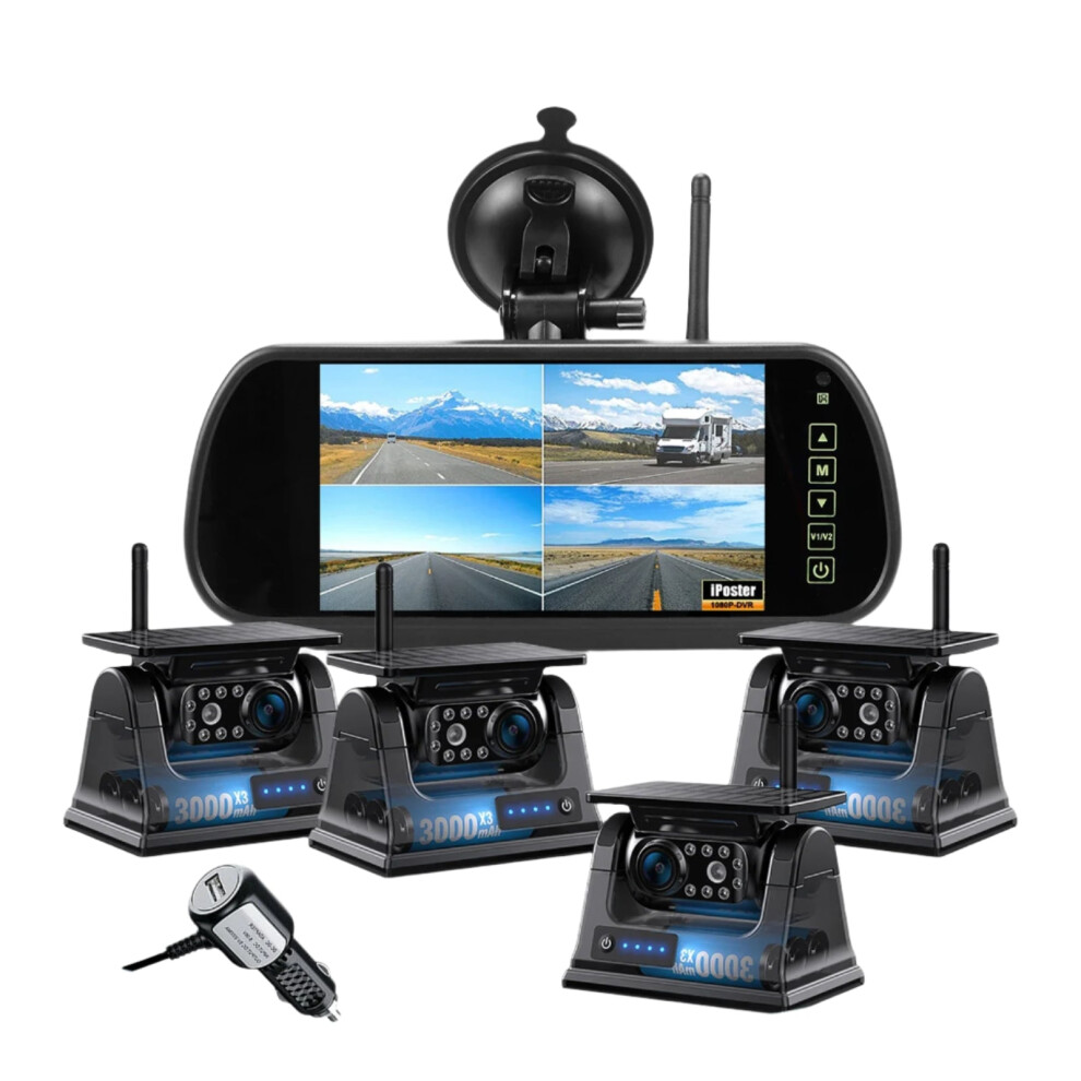Iposter 7-Inch Digital Wireless Quad Monitor Dvr With 4X Solar Panel Rear View Cameras For Trucks 313115785756