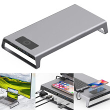 Aluminum Monitor Stand Docking Station with USB-C Hub, 4K HD Support, VGA, TF Card, Wireless Charging, and HDMI Compatibility