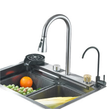 Premium Waterfall Kitchen Sink: 201 Stainless Steel Large Single Basin with Above-Counter Cup Disher