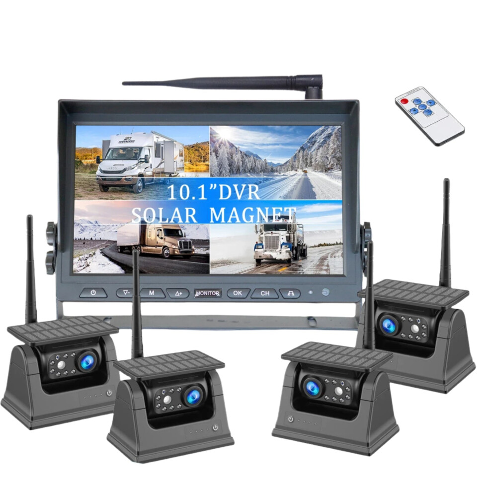 Iposter Digital Wireless 10.1-Inch Quad Monitor Dvr With 4X Solar-Powered Magnetic Base Reversing Cameras For Trucks 384925158085
