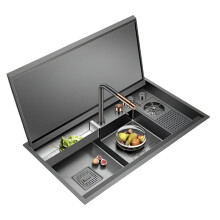 Asras Nanometer Black Flip Cover Kitchen Sink - 304 Stainless Steel, 4mm Thickness, Handmade Stepped Design with Cup Rinser