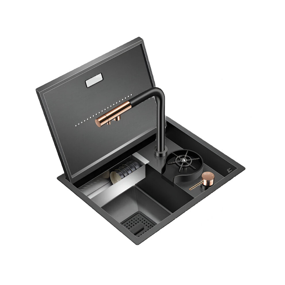Compact 304 Stainless Steel Hidden Bar Island Kitchen Sink With Flip Cover & Cup Rinser 7445004278278
