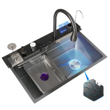 Stainless Steel Waterfall Kitchen Sink with Digital Faucet & Soap Dispenser