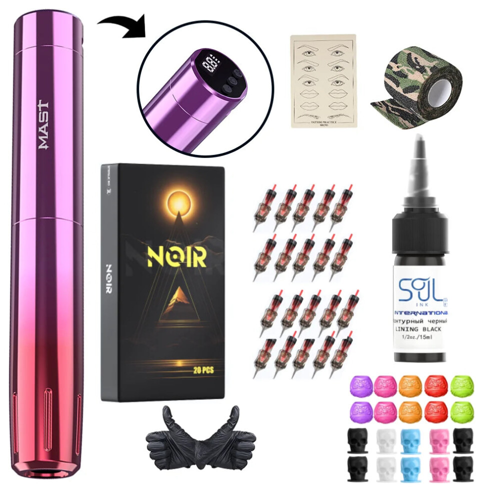 Mast Tour Y22 Wireless Tattoo Kit with RCA Rechargeable Battery, Permanent Makeup Machine, 0.5oz Noir Ink, and 1RL Cartridge Needles