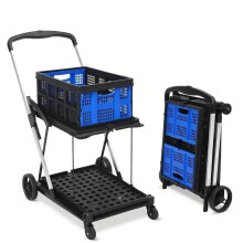 Heavy-Duty Collapsible Folding Shopping Cart with Wheels - 2-Layer Utility Trolley with Storage Crate, Supports Up to 200 lbs