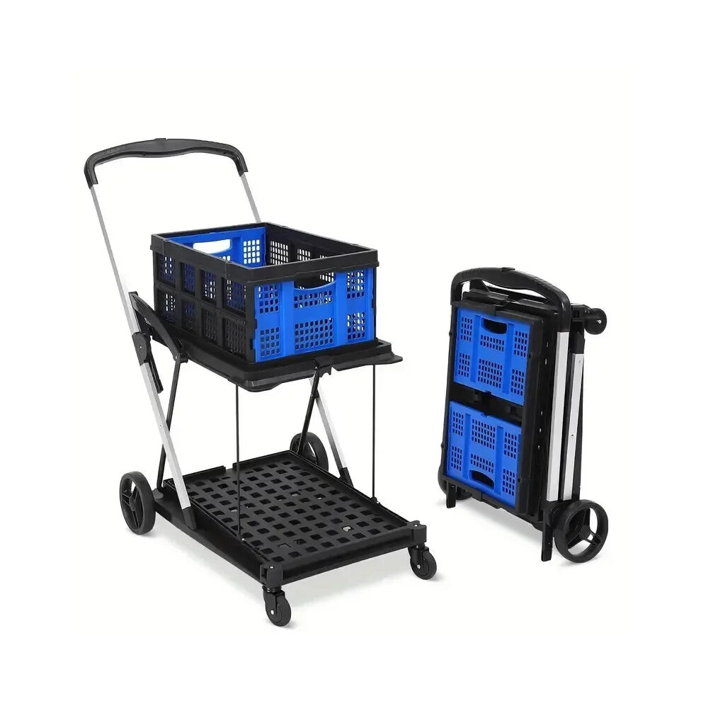 Heavy-Duty Collapsible Folding Shopping Cart With Wheels - 2-Layer Utility Trolley With Storage Crate, Supports Up To 200 Lbs 313046497483