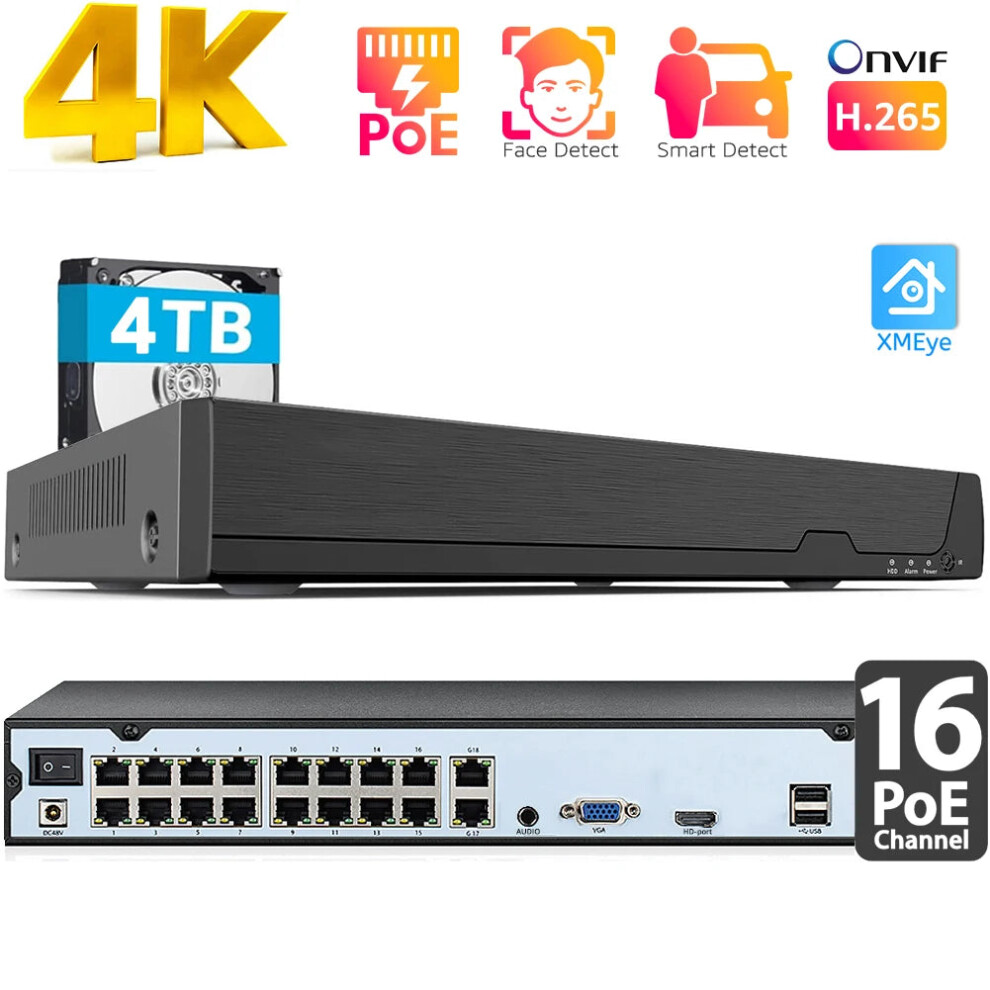 8Mp 16-Channel 4K Poe Nvr With Face Detection & H.265 Compression For Ip Cameras - Onvif Compatible Cctv Security System 7445014244232