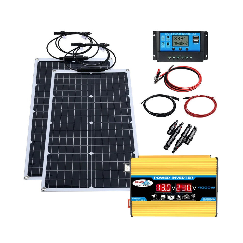 Dual Voltage 2000W Flexible Solar Panel System With 12V Battery Charging And 4000W Inverter Kit For Home And Outdoor Camping 744110077162