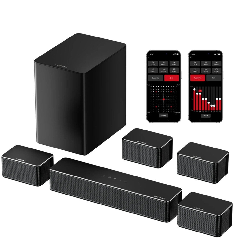 Ultimea 7.1 Surround Soundbar System With 3D Virtual Surround, Subwoofer, And Rear Speakers - Home Theater Tv Audio In Black 744110167023