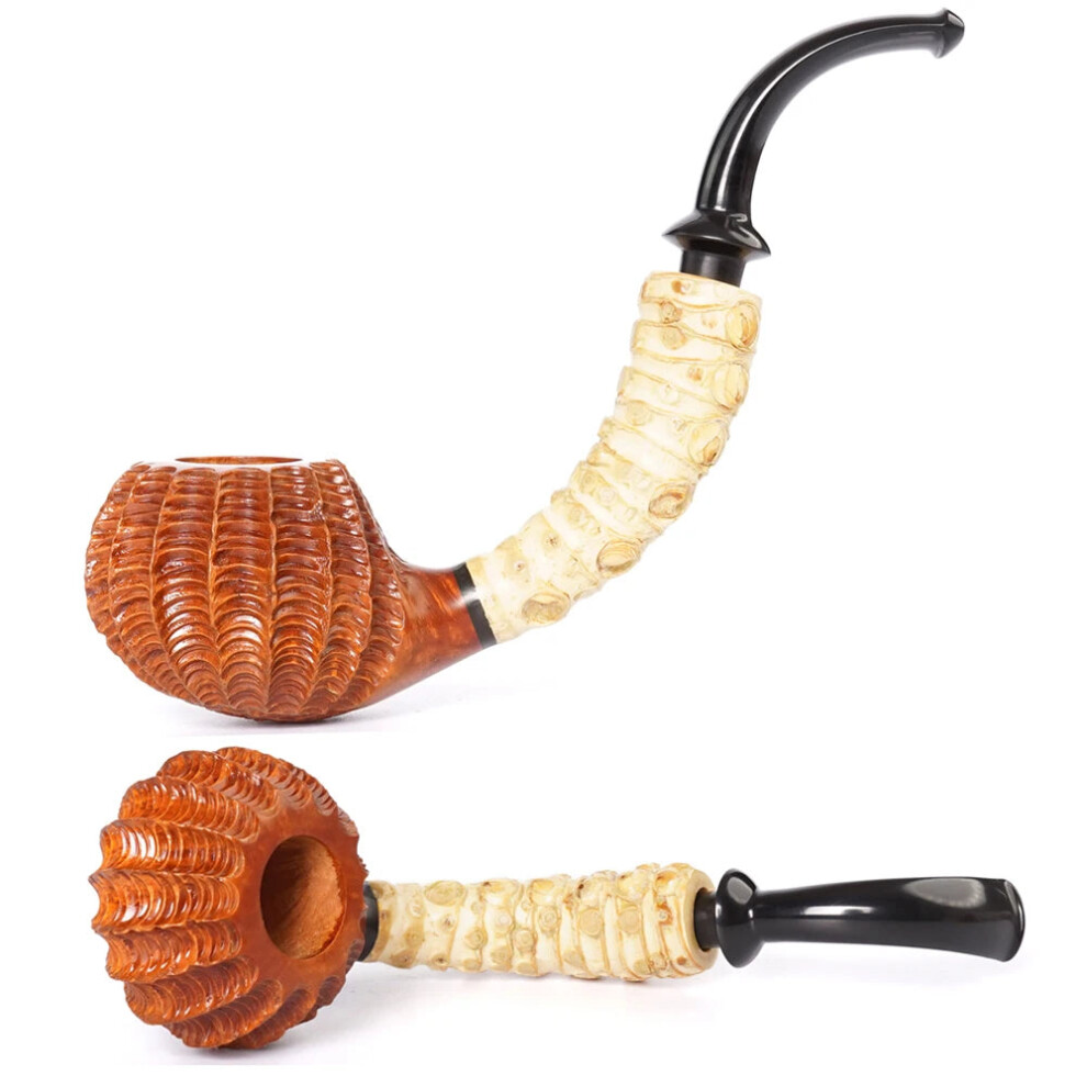 Muxiang Handmade Briar Tobacco Pipe With Carved Solid Wood And Curved Bamboo Handle - Perfect Father's Day Gift With 3Mm Pipe Channel 313038976965
