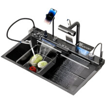 Smart Stainless Steel Waterfall Kitchen Sink with Phone Holder & Honeycomb Embossed Faucet