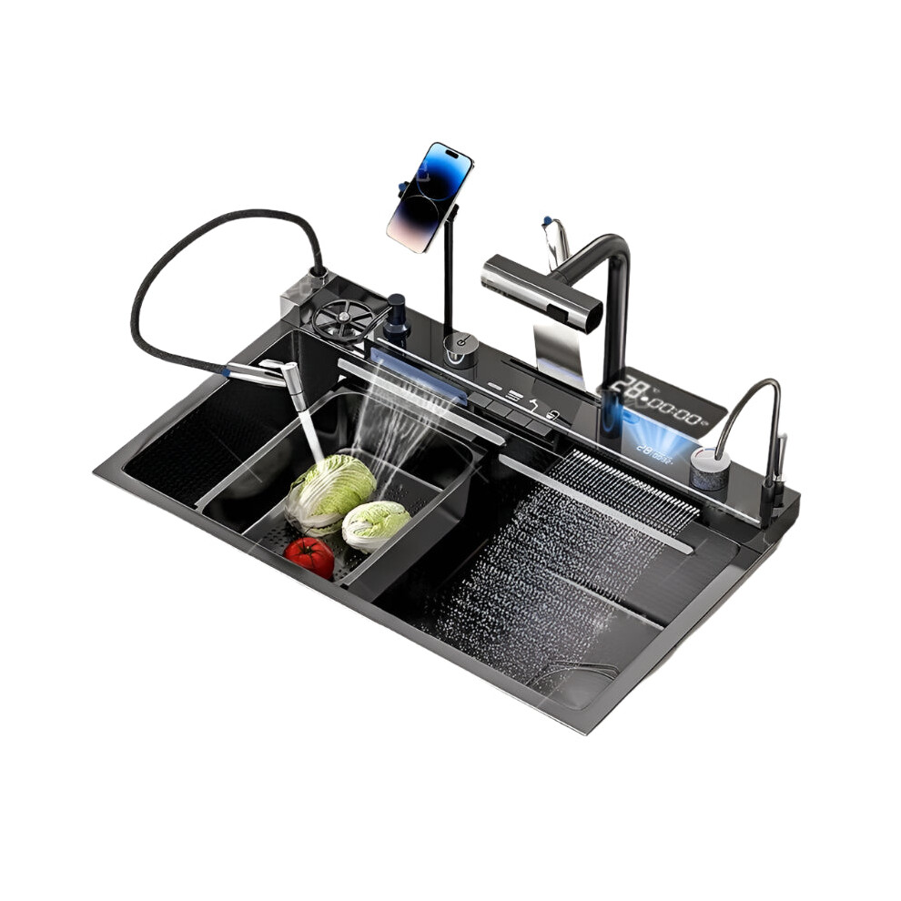 Smart Stainless Steel Waterfall Kitchen Sink With Phone Holder & Honeycomb Embossed Faucet 313036256243
