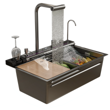 Modern Stainless Steel Dual Waterfall Kitchen Sink with Honeycomb Design, Digital Smart Features, and Integrated Soap Dispenser