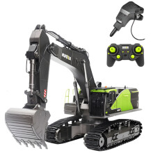 Huina 1593 1:14 RC Excavator Truck with Alloy Bucket - 22CH Radio Controlled Engineering Vehicle with Drill and Grabber Features
