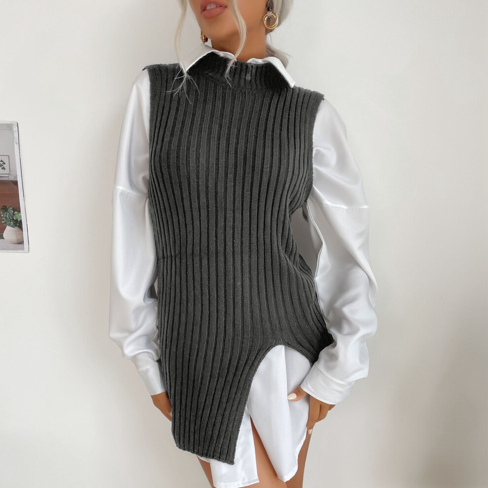Women Crewneck Sleeveless Sweater Vest Dark Grey L, Knit Split Hem Top-image-OPC-PMGJNGH-NEW