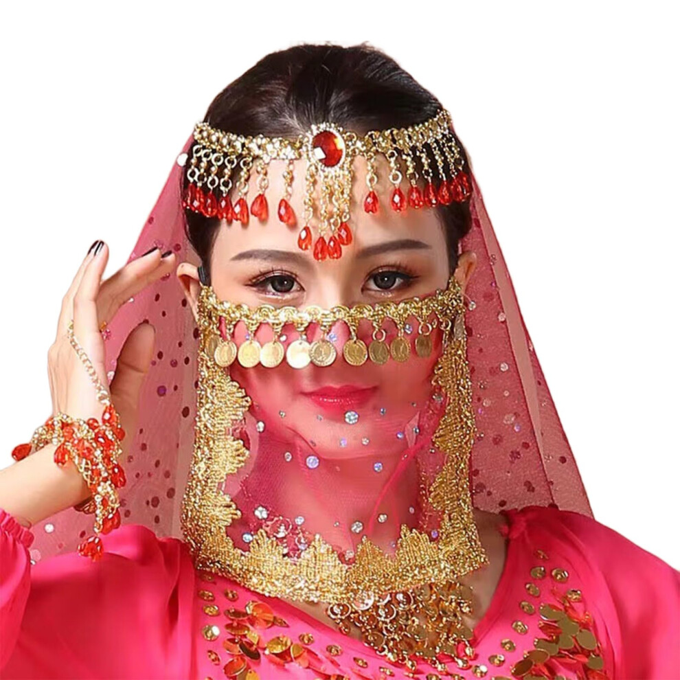 Red Belly Dance Face Veil Rose Half Face Veil For Girls And Women Arabian Night Outfit Cosplay Fashion
