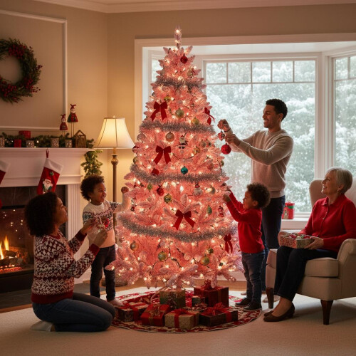(8FT) Christmas Tree Snow Flock Pink Holiday Home Décor 1