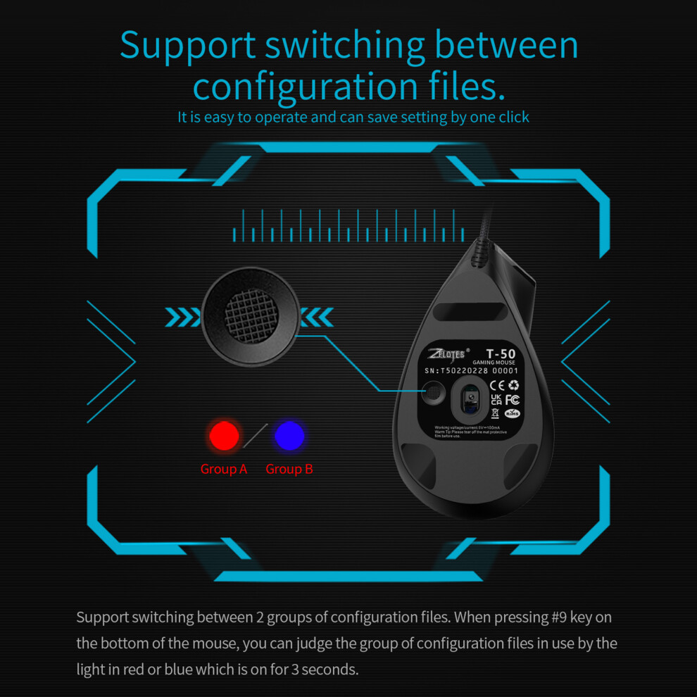 T-50 Zelotes Rgb Vertical Mouse 9 Keys 12800Dpi Ergonomic Wired Design Black 3361356203086