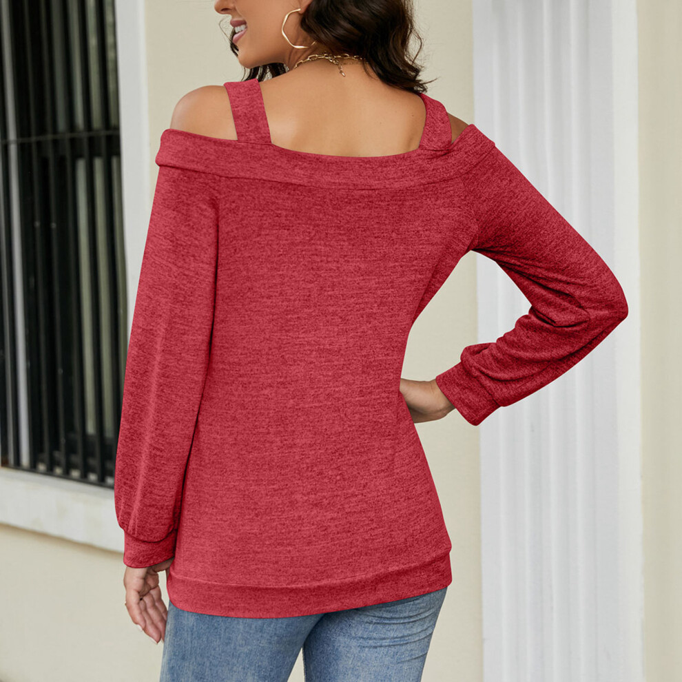 Women Long Sleeve Cold Shoulder T-Shirt Red XL with Heart Neckline-image-OPC-PMGKM2H-NEW
