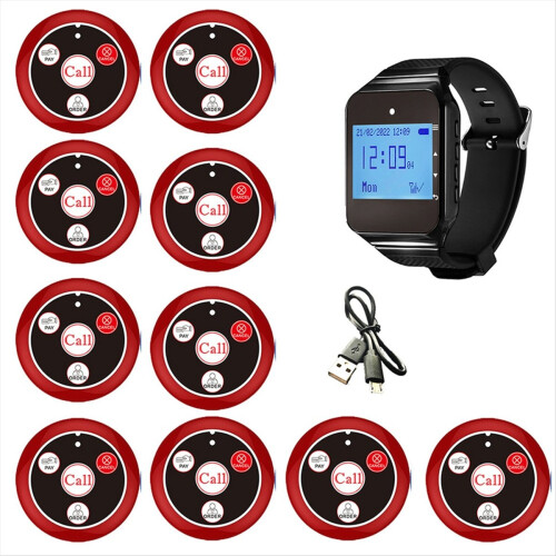 Wireless Restaurant Pager Waiter Calling System with Watch Call Button for Hookah Bar Cafe Customer Service Red